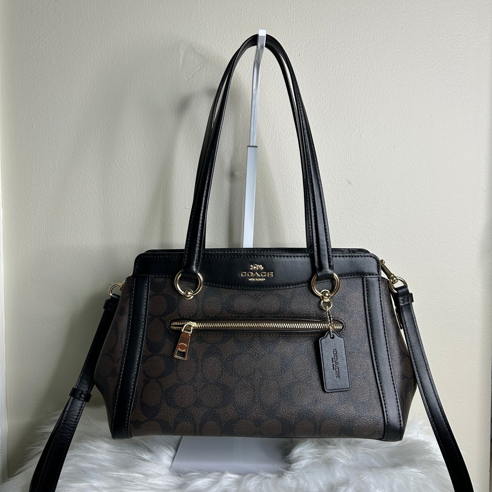 Coach Kailey Carryall Brown Black Signature Canvas Leather Bag Excellent